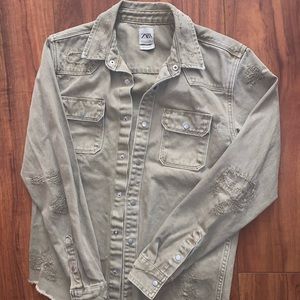 Zara Tan Denim Distressed Shirt